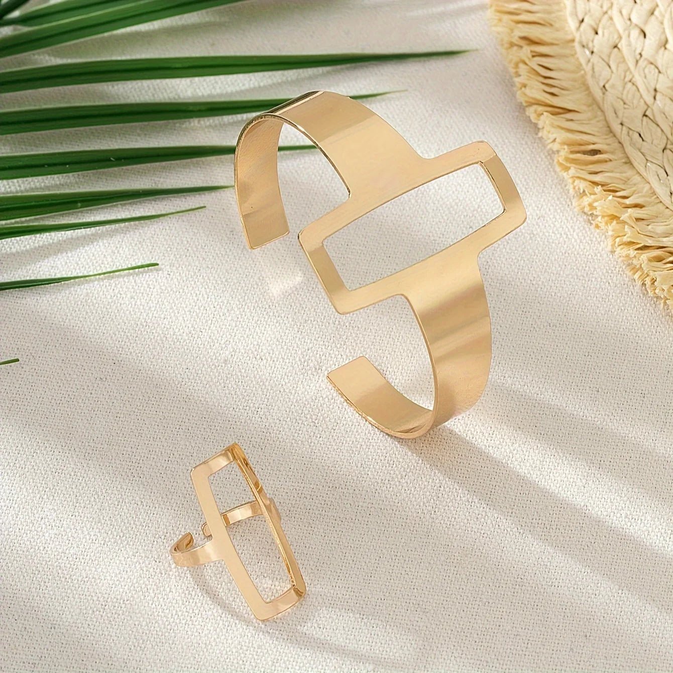 Adjustable Geometric Rectangle Bracelet and Ring Set