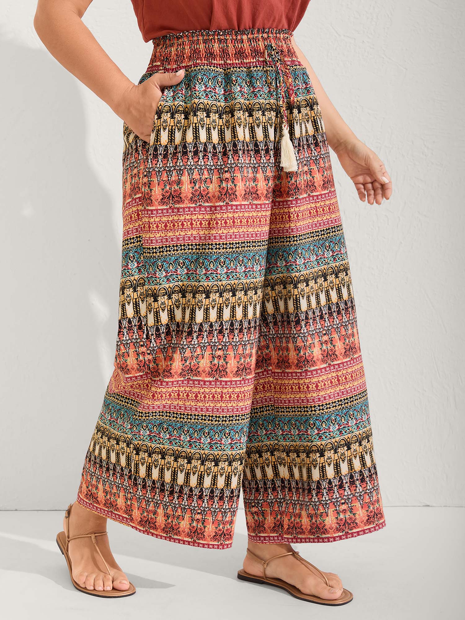 Boho Stripes Wide-Leg Shirred Pants