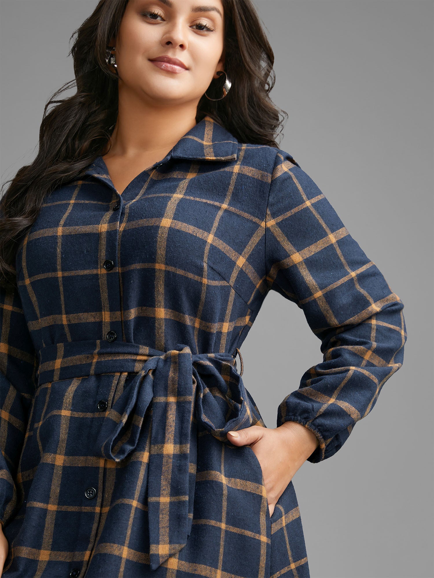 Plaid Button Through Belted Dress