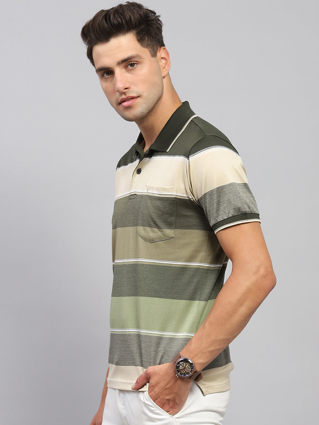 Men Olive Stripe Collar Half Sleeve T-Shirt