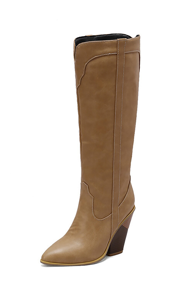 Stitching V Groove Pointy Toe Western Knee High Chunky Boots