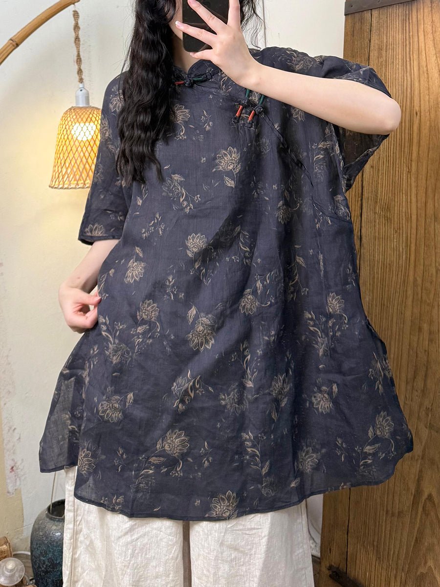 Women Summer Ethnic Flower Ramie Stannd Collar Shirt