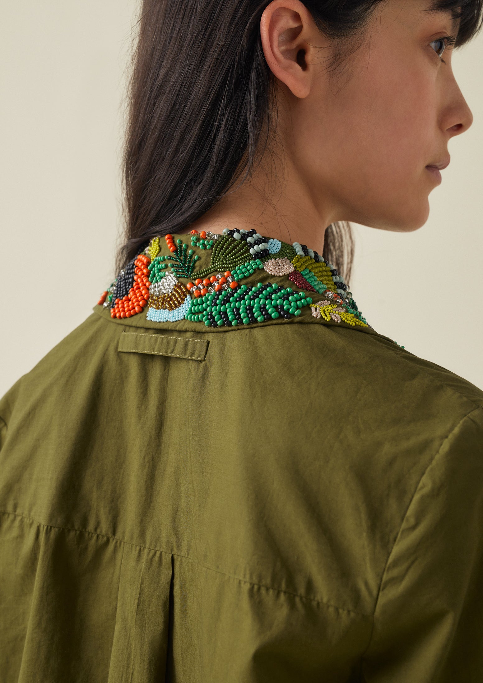 Hand Beaded Poplin PJ Shirt | Rich Olive