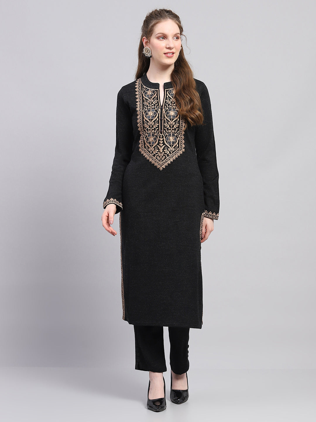 Women Black Embroidered Round Neck Full Sleeve Kurti Set for Winter