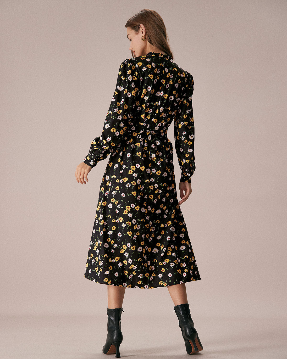 The Black Tie Neck Floral Ruched Midi Dress