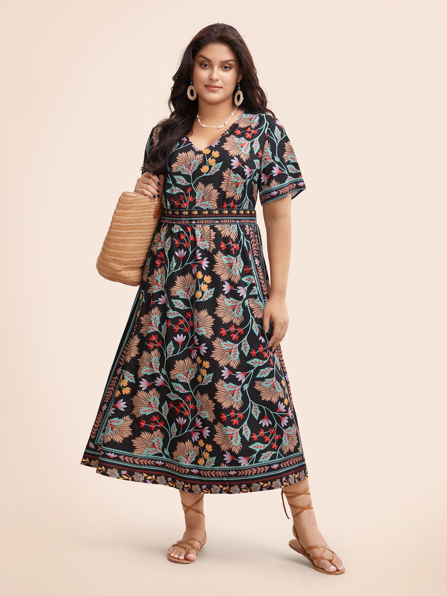 Boho Print Shirred Pocket Midi Dress