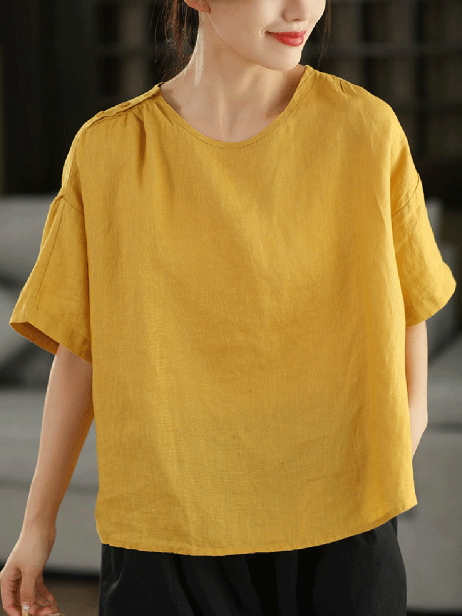 Women Summer Artsy Pure Color O-Neck 100%Linen Shirt