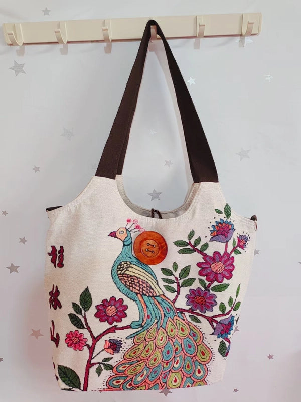 Women's Large Canvas Elephant Ethnic Style Square Zipper Shoulder Bag