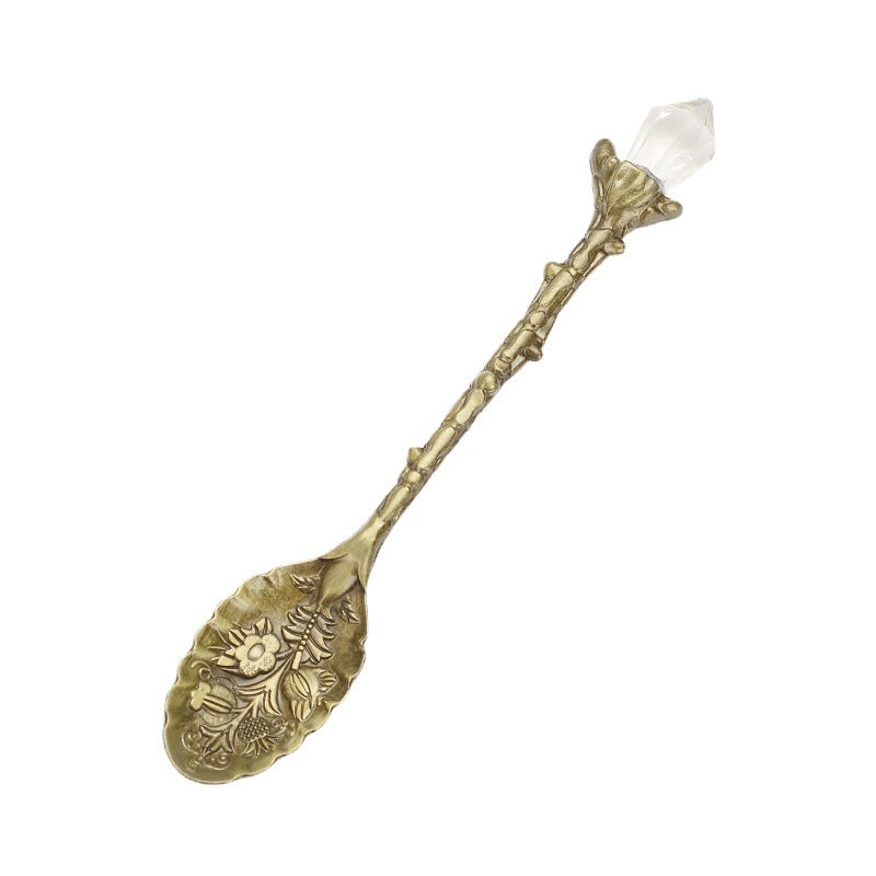 Vintage Carved Crystal Head Pattern Alloy Leaf Spoon Nordic Creative Mug Coffee Ice Cream Spoon
