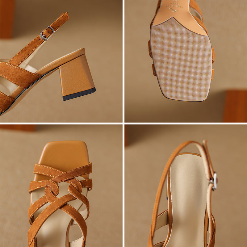 Elegant Handmade Genuine Leather Cross Strap Slingback Roman Sandals in Apricot/Black
