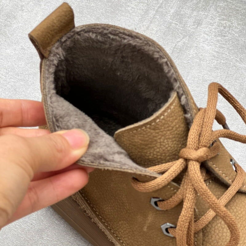 Handmade Women Soft Leather Booties Round Toe Lace-Up Flat Shoes Ankle Boots Gray/Khaki/Coffee