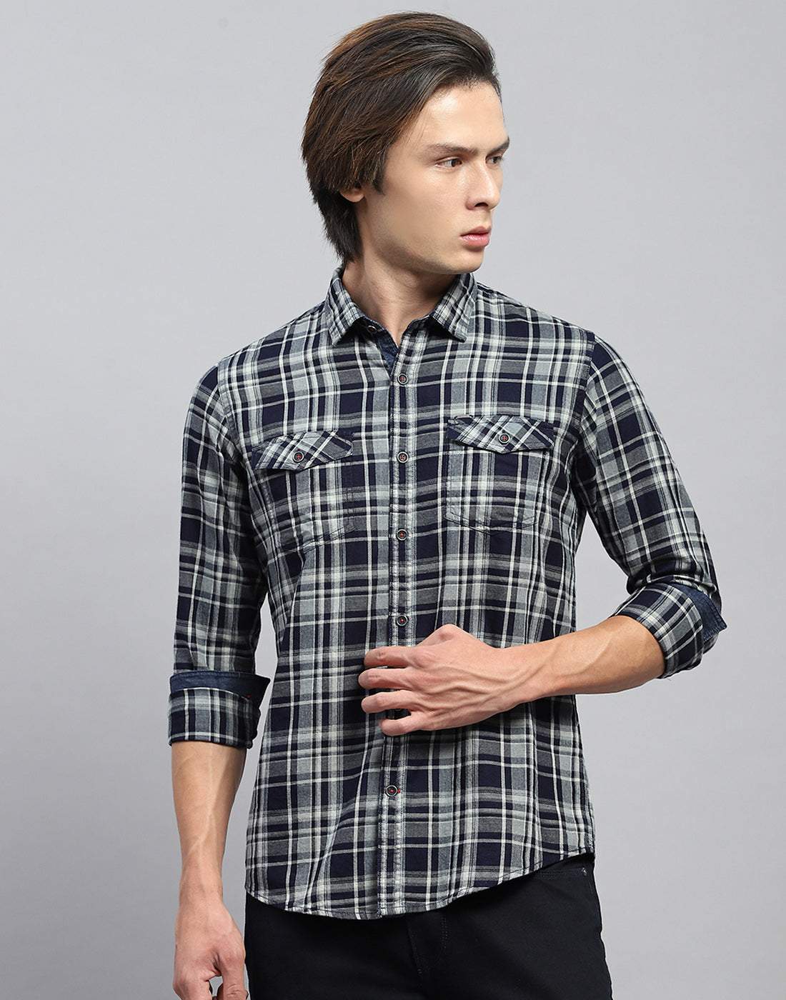 Men Navy Blue Check Collar Full Sleeve Shirt