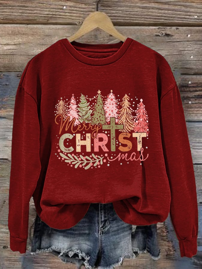 Women's Merry Christmas Printed Long Sleeve Crewneck Sweatshirt