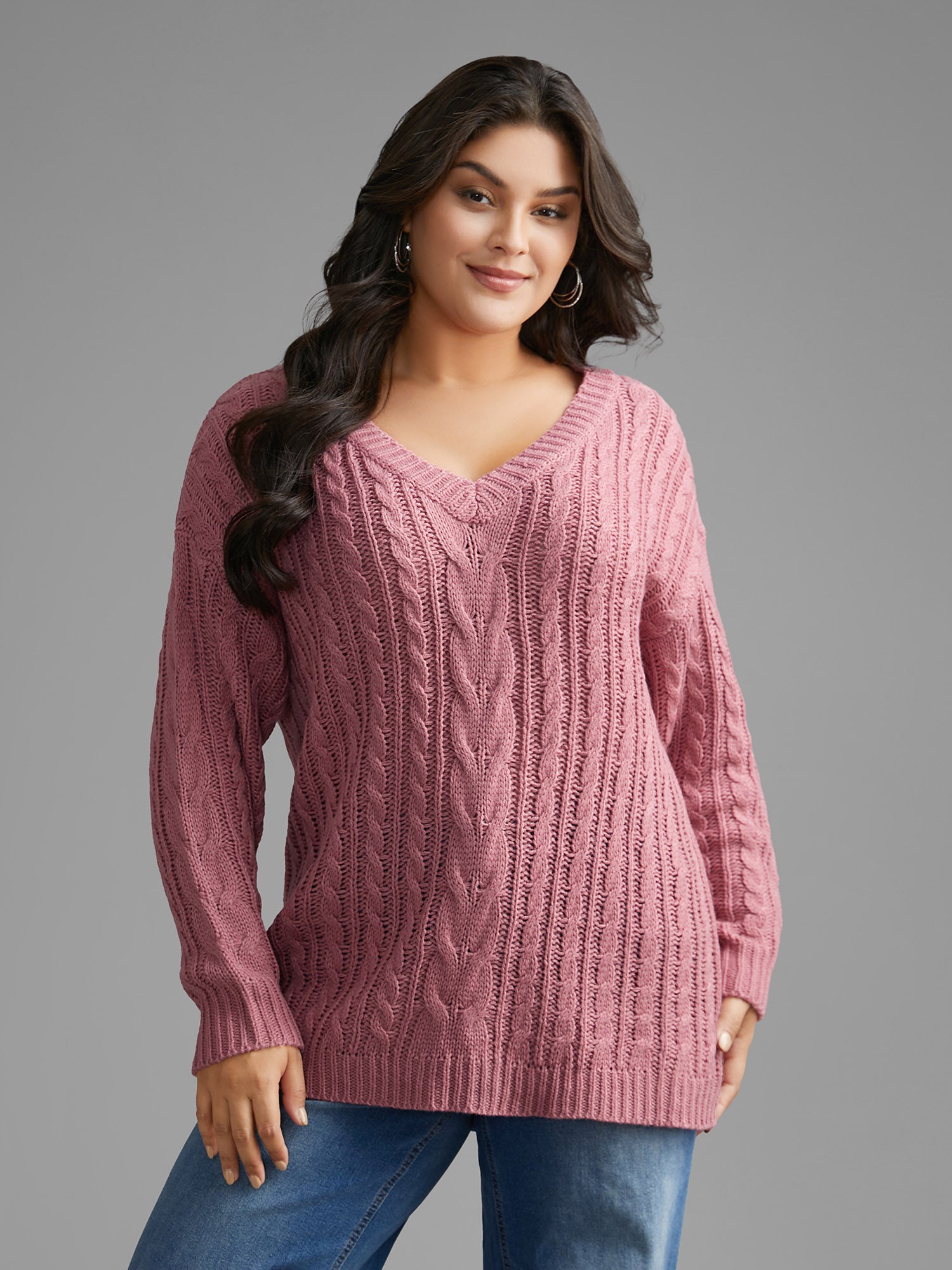 V Neck Texture Cable Knit Pullover