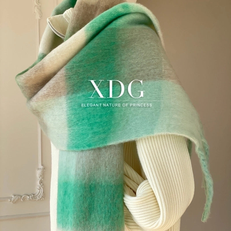 Famous High-grade Delicate Soft Gradient Color Plaid Color Matching Tassel Cashmere-like Shawl Net Red Scarf