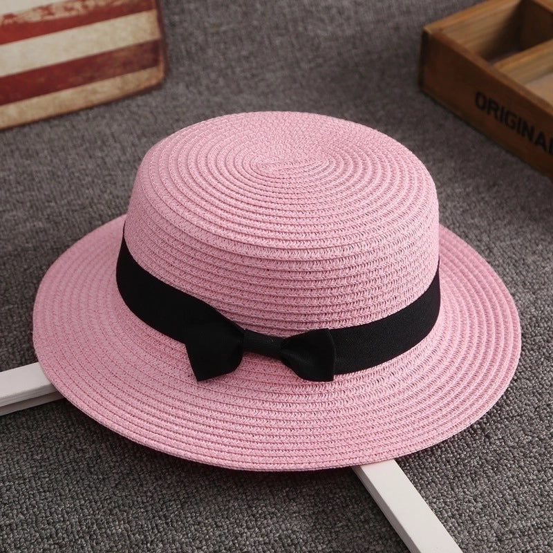 Straw Hat Female Summer British Retro Flat Top Beach Travel Hat