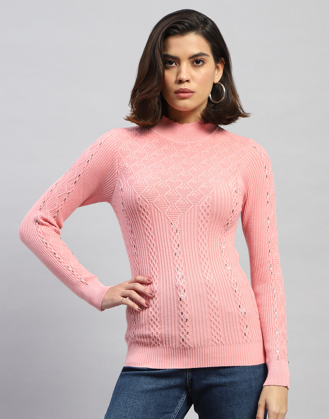 Women Pink Self Design High Neck Full Sleeve Sceavy