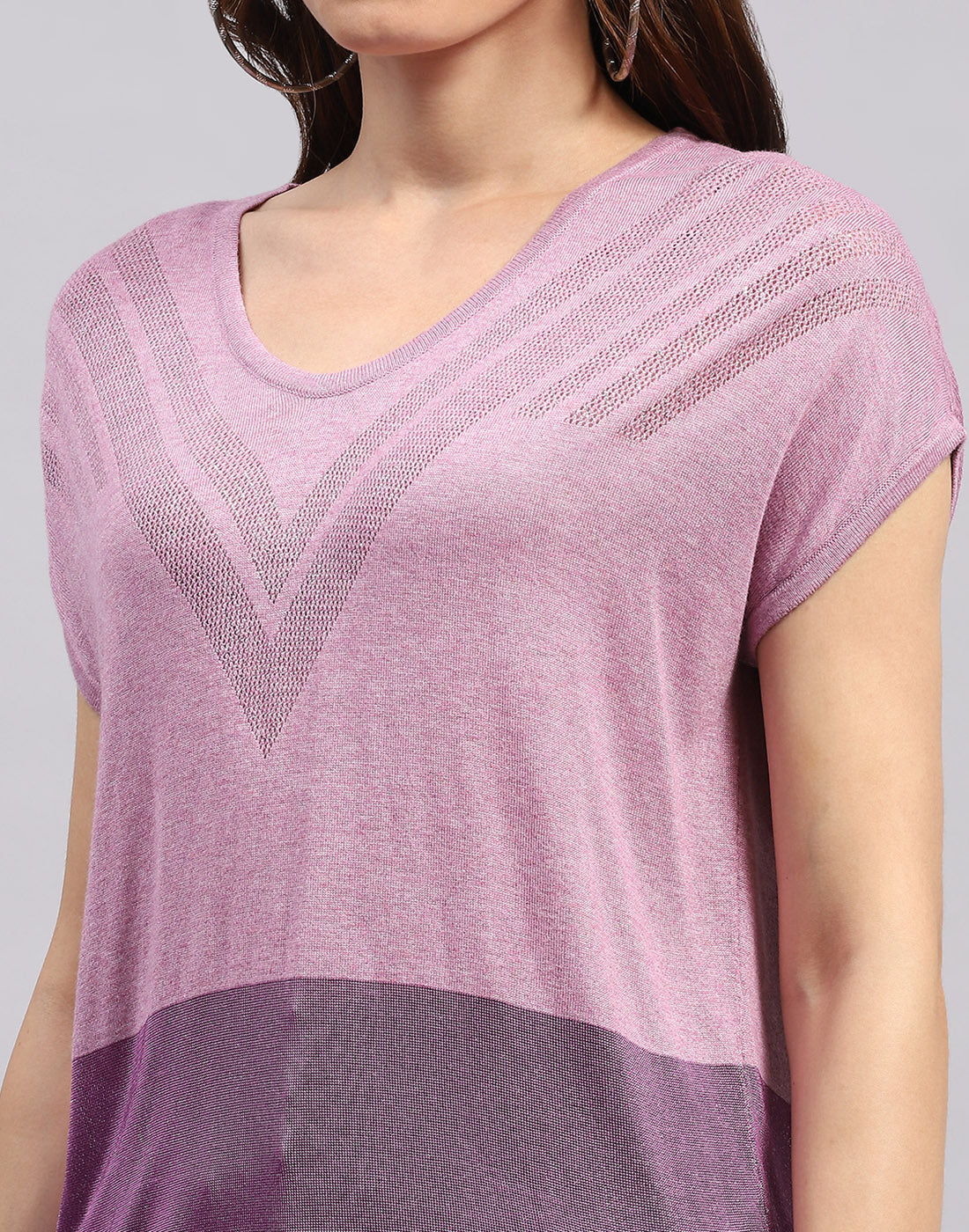 Women Purple Self Design Round Neck Half Sleeve Top