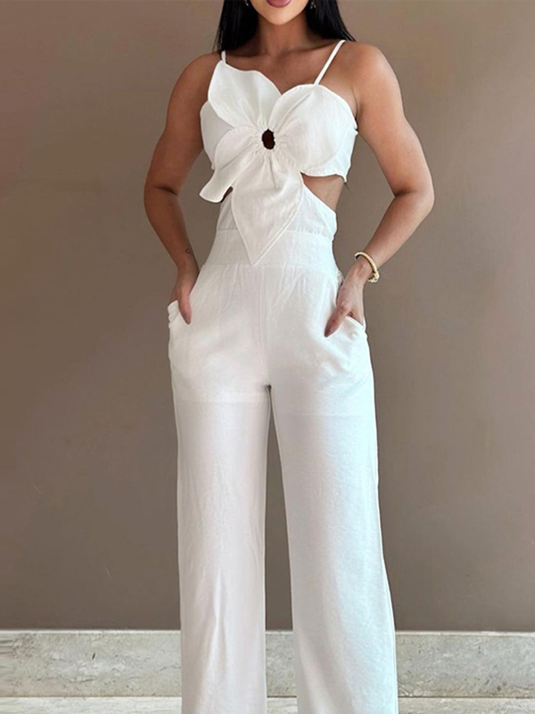 Bodycon High Waisted Elasticity Flower Shape Hollow Pockets Solid Color Tied Spaghetti-Neck Jumpsuits