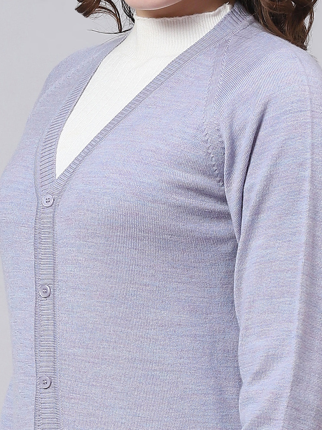 Women Purple Solid V Neck Full Sleeve Cardigan