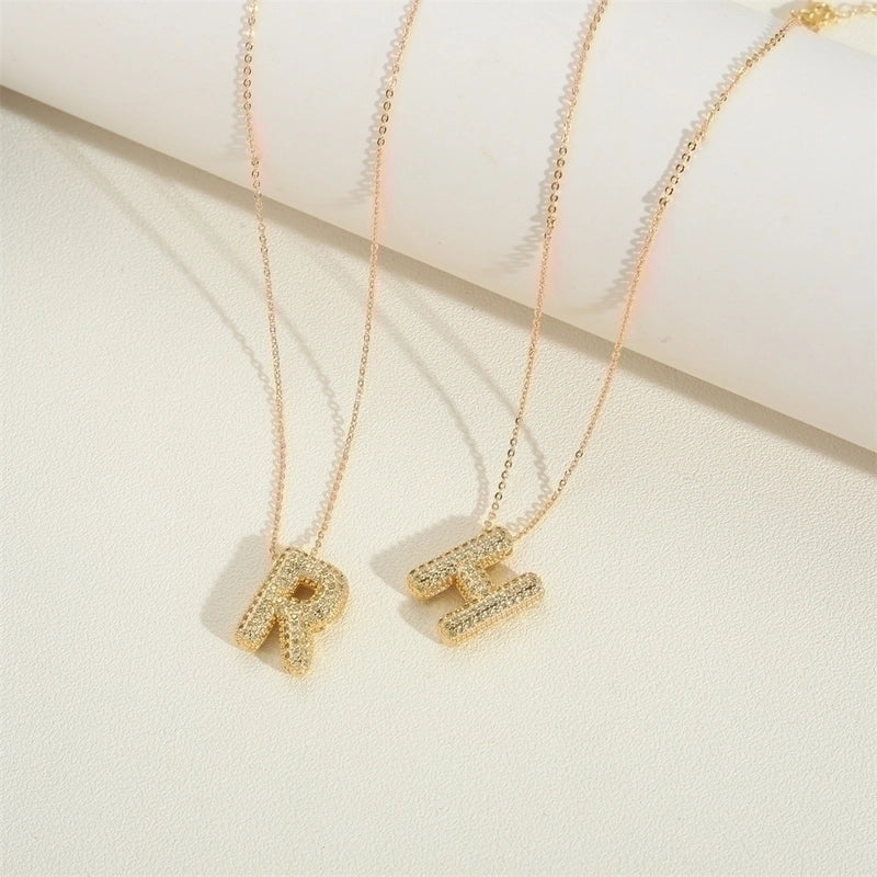 Copper 14K Gold Plated Minimalist Inlay Letter Zircon Pendant Necklace