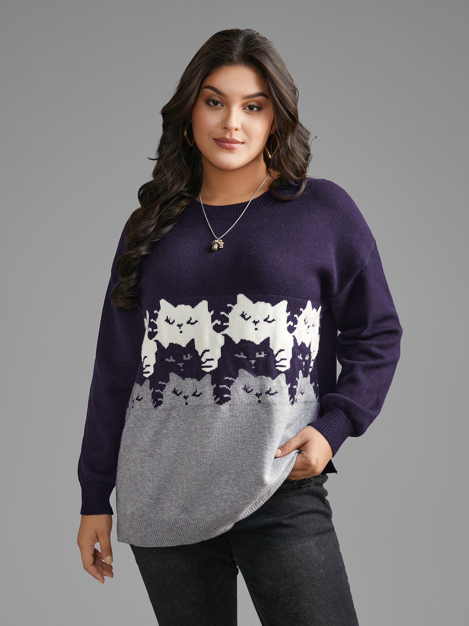 Cat Contrast Drop Shoulder Pullover