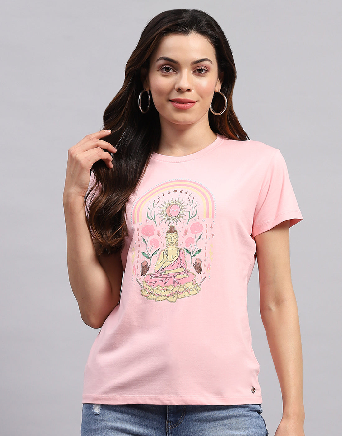 Women Pink Printed Round Neck Half Sleeve Top