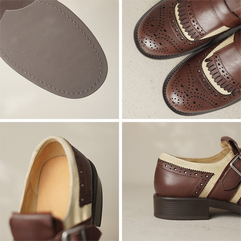 British Style Color-Blocked Cowhide Brogue Loafers with Metal Buckle in Black/Brown