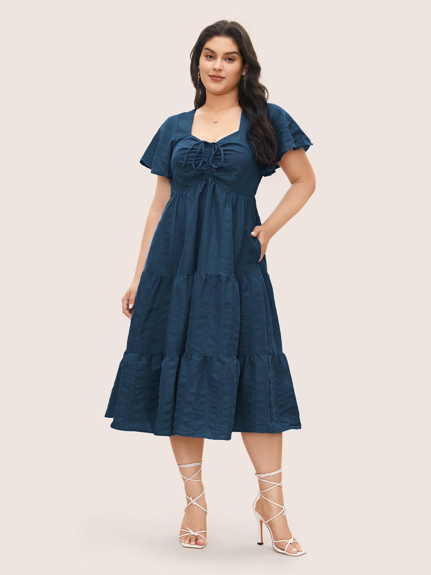Plain Ruched Drawstring Pocket Ruffle Tiered Dress