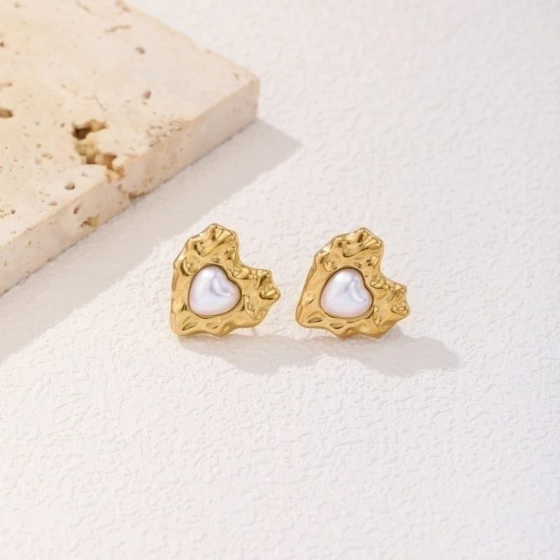 1 Pair Minimalist Water Droplets Heart Shape Plating Inlay Titanium Steel Artificial Pearls 18K Gold Plated Ear Studs