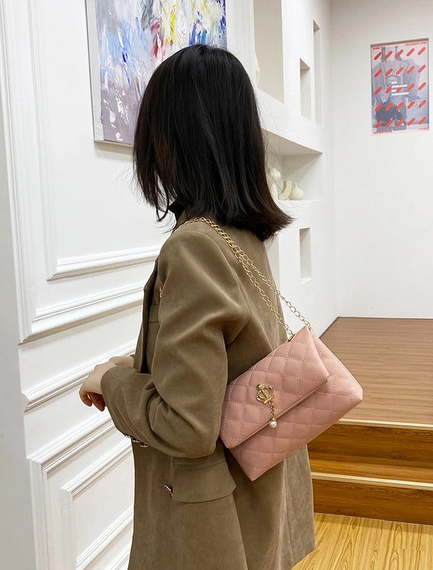 Small Pu Leather Pure Color Pearl Diamond Chain Bag Hander Bag