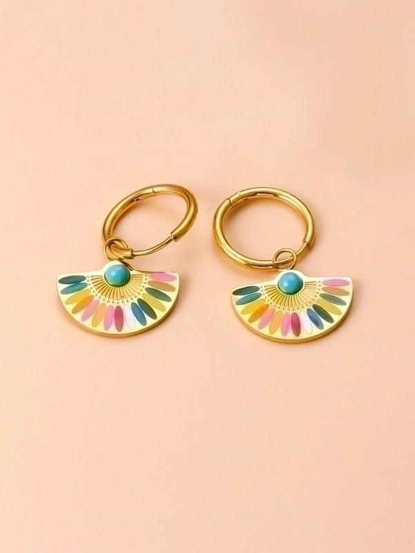 1 Pair Bohemian Sector Enamel 304 Stainless Steel Turquoise Stainless Steel Earrings