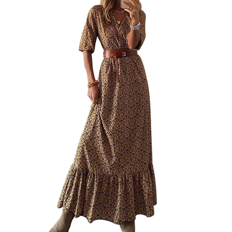 Bohemian Print Short-Sleeved V-Neck Dress