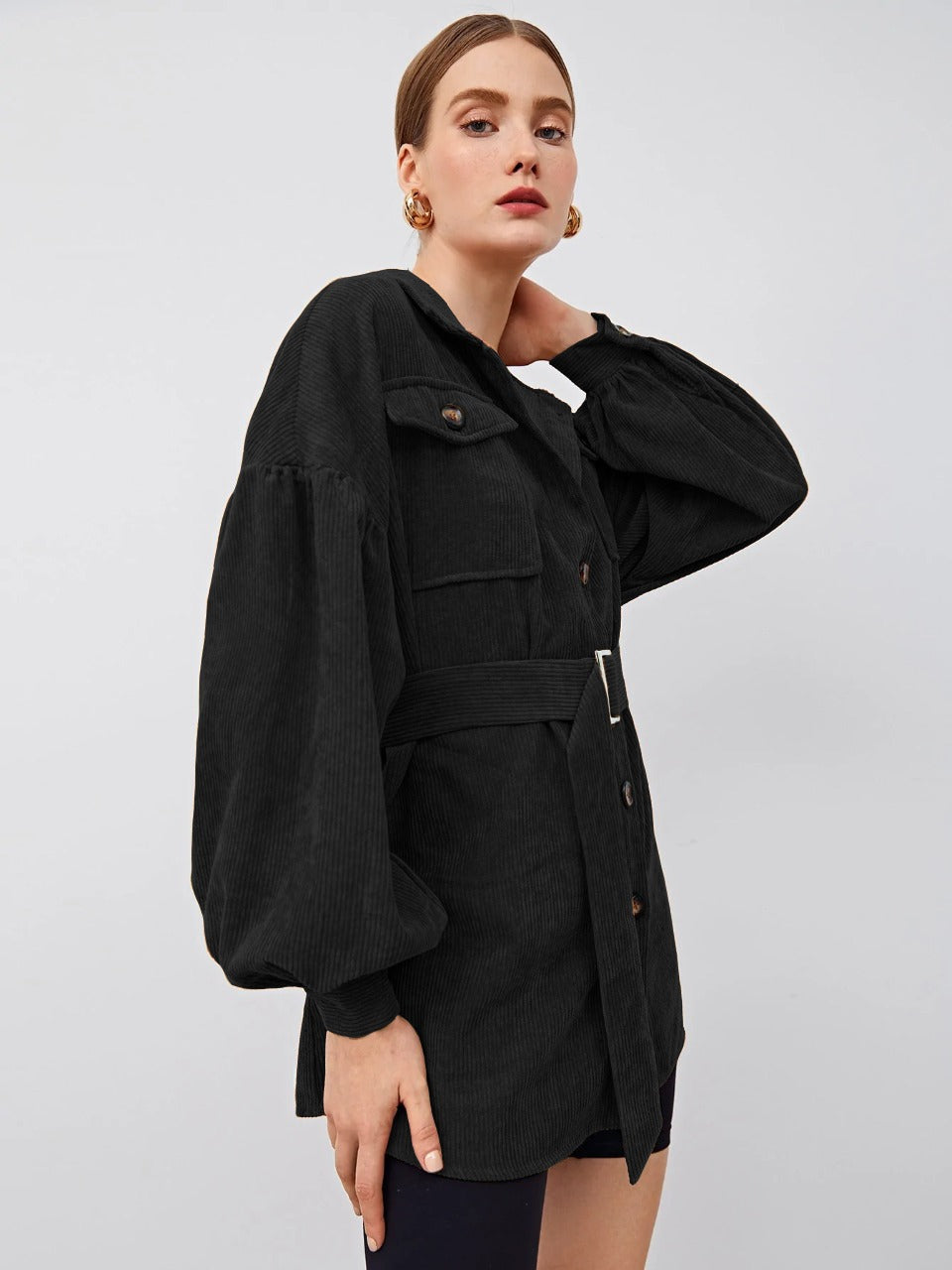 Collared Flap Pocket Front Buckle Belted Cord Coat without belt( CLEARANCE SALE