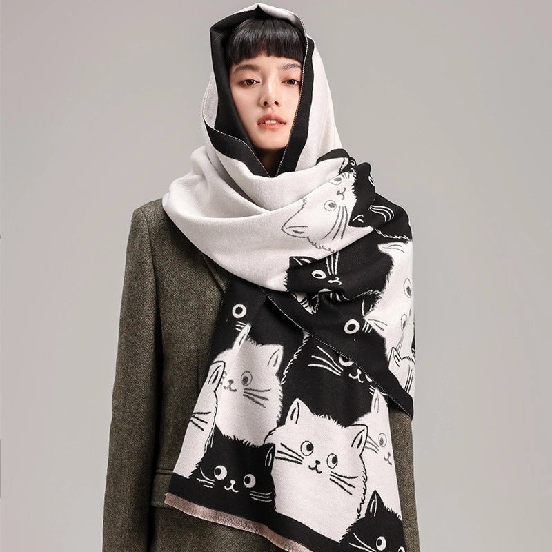 Women's Cute Streetwear Cartoon Cat Cotton Polyester Scarf