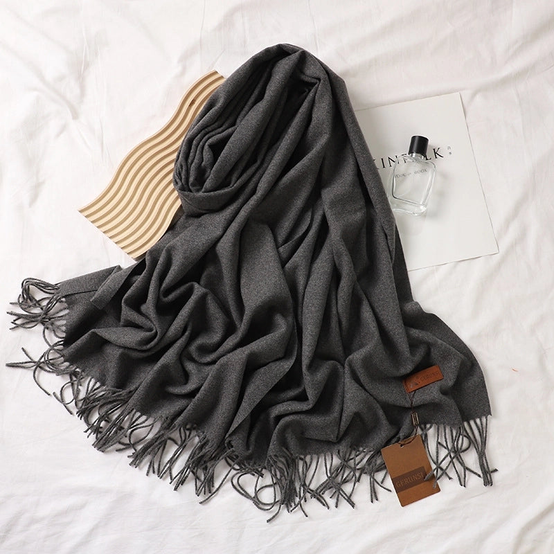 Solid Color Prickly Wool Scarf Women's 300g Ge Run Si Imitation Cashmere Thickened Scarf Japanese Style Plain Scarf For Autumn And Winter