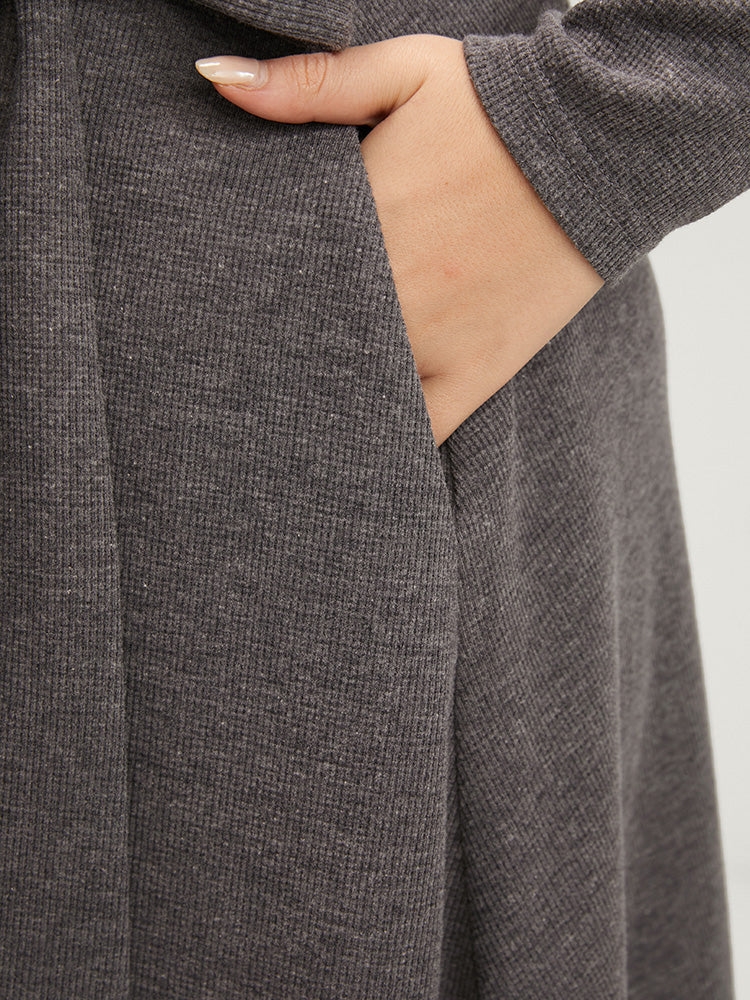 Solid Pocket Button Up Belted Rib Knit Dress