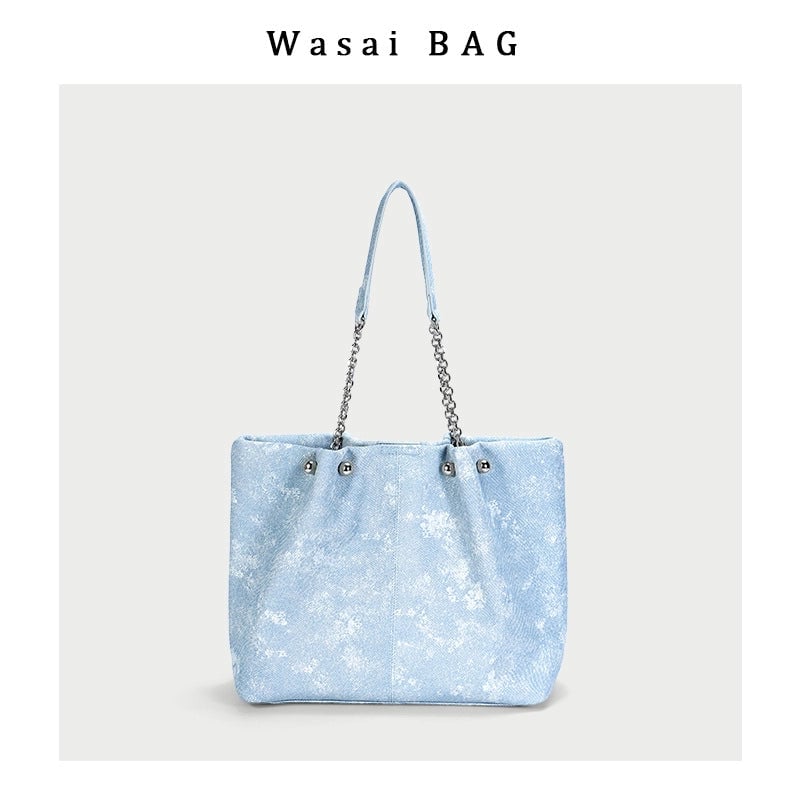 Women's Bag New Ink Blue Tote Bag Women's Advanced Large Capacity Denim Pattern Chain Shoulder Handbag