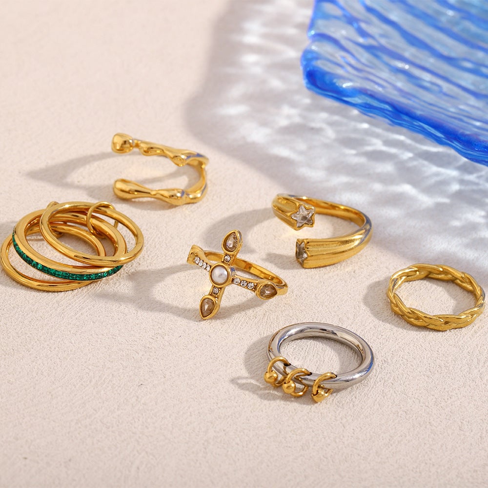 Fashionable Stainless Steel 18K Gold Plated Cross Zircon Five-Pointed Star Round Bead Braided Three-Layer Ring