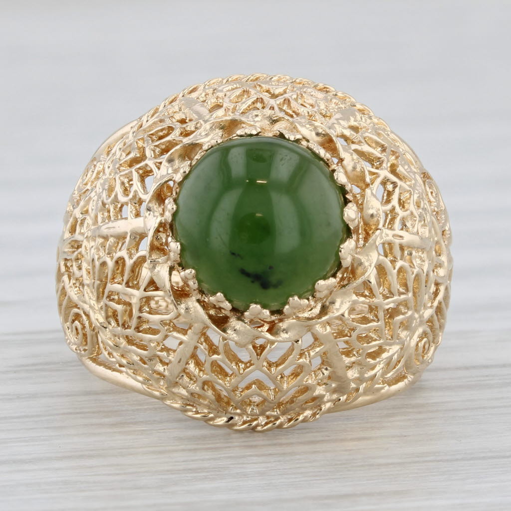 Green Nephrite Jade Ornate Openwork Ring 14k Yellow Gold Size 6.25 Cocktail