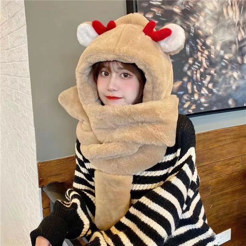Hat Scarf Gloves Integrated Hat Autumn And Winter  Versatile Warm Toe Cap Winter Cute Plush Double Layer Hat For Women
