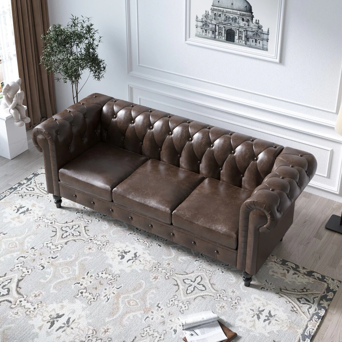 Faux Leather Upholstered Chesterfield Sofa -- 3 seats