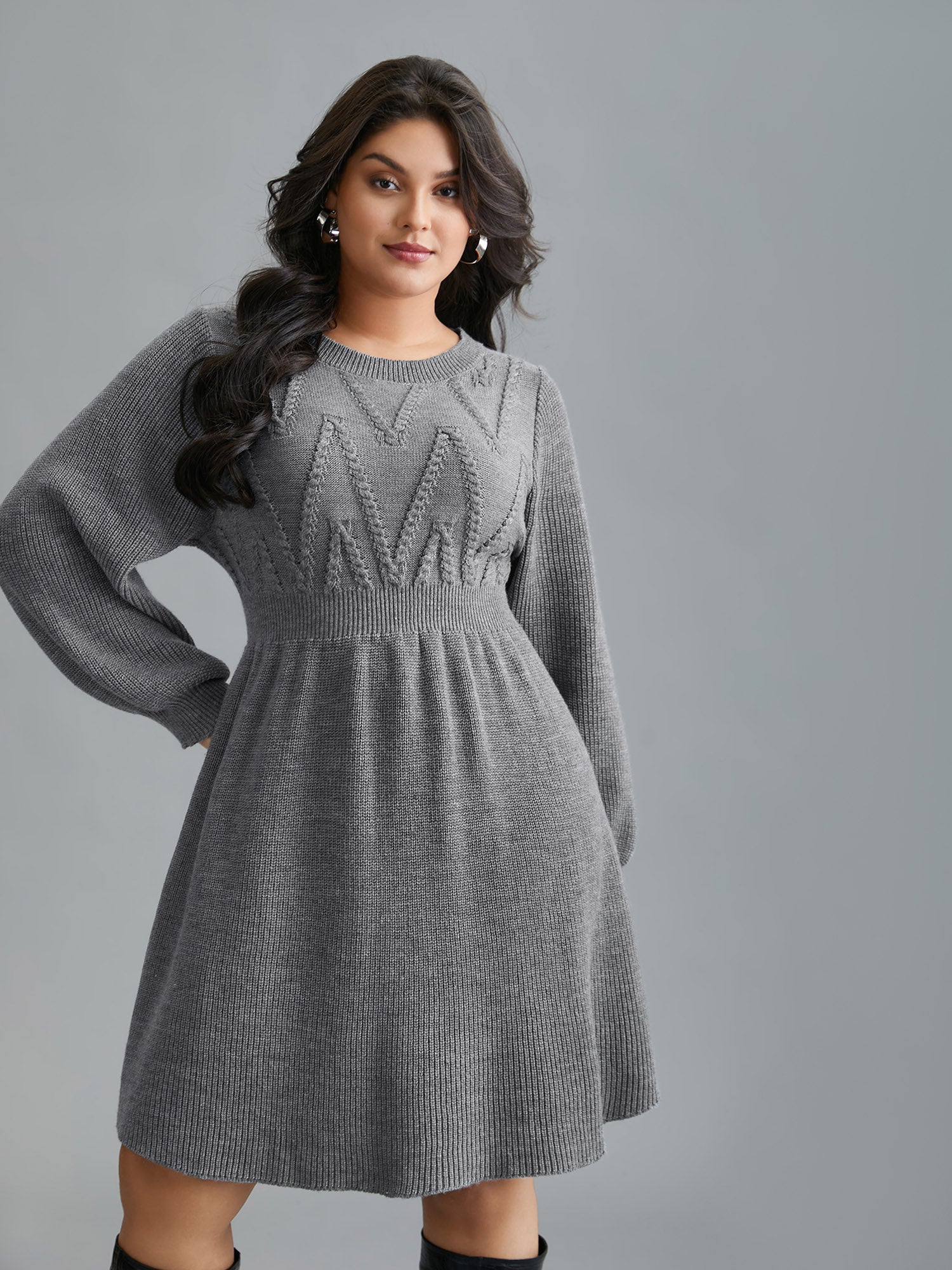 Cable Knit Elastic Waist Midi Sweater Dress