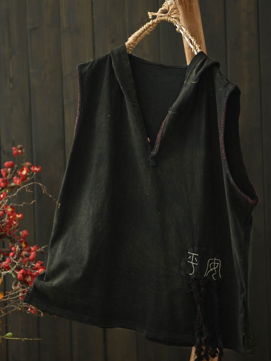 Women Summer Retro Embroidery Cotton Hooded Vest