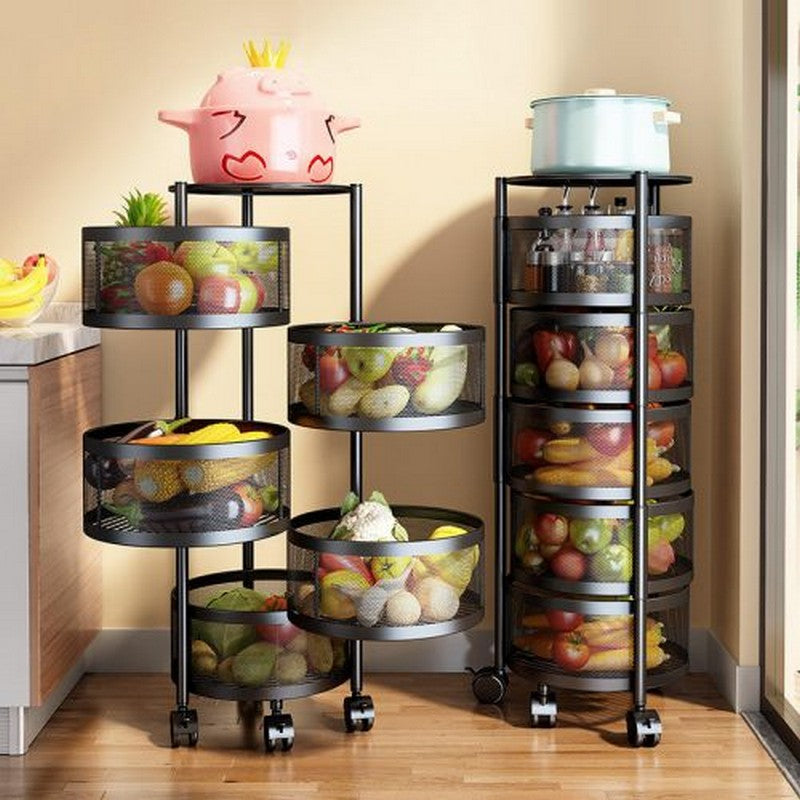 Kitchen Storage Rotating Basket Vegetable Fruit Trolley Portable Rack Round