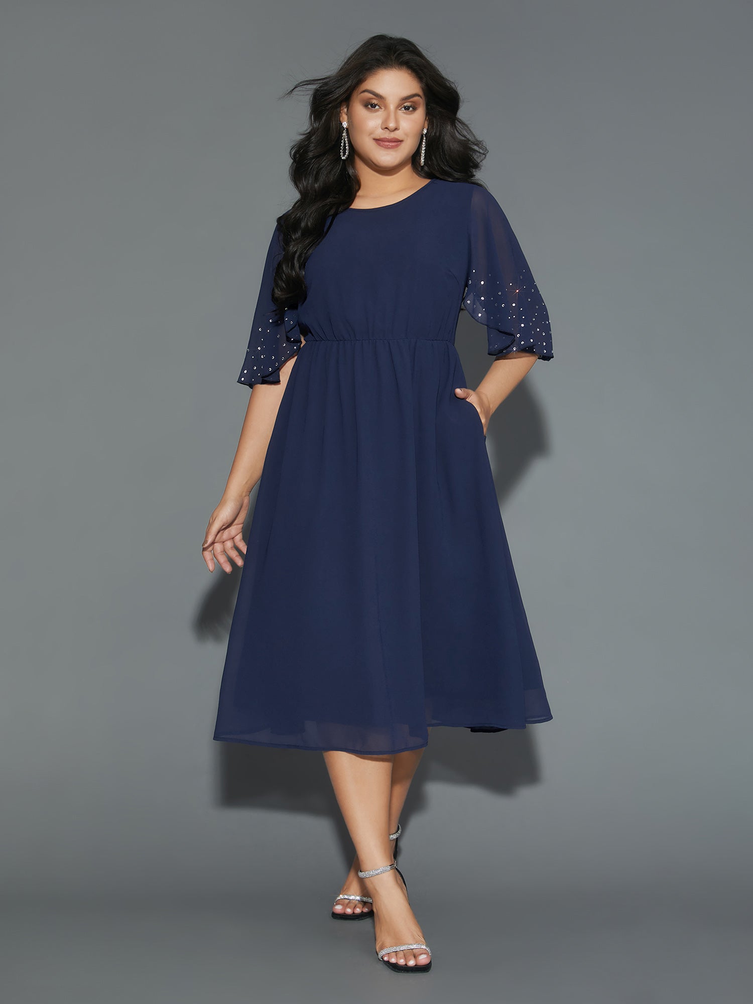 Rhinestone Elastic Waist Ruffle Sleeve Dress