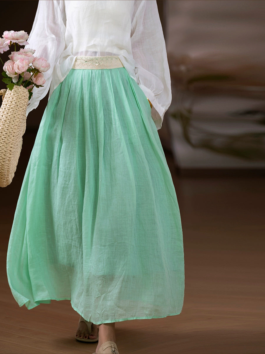 Women Summer Artsy Pure Color A-Shape 100%Ramie Skirt