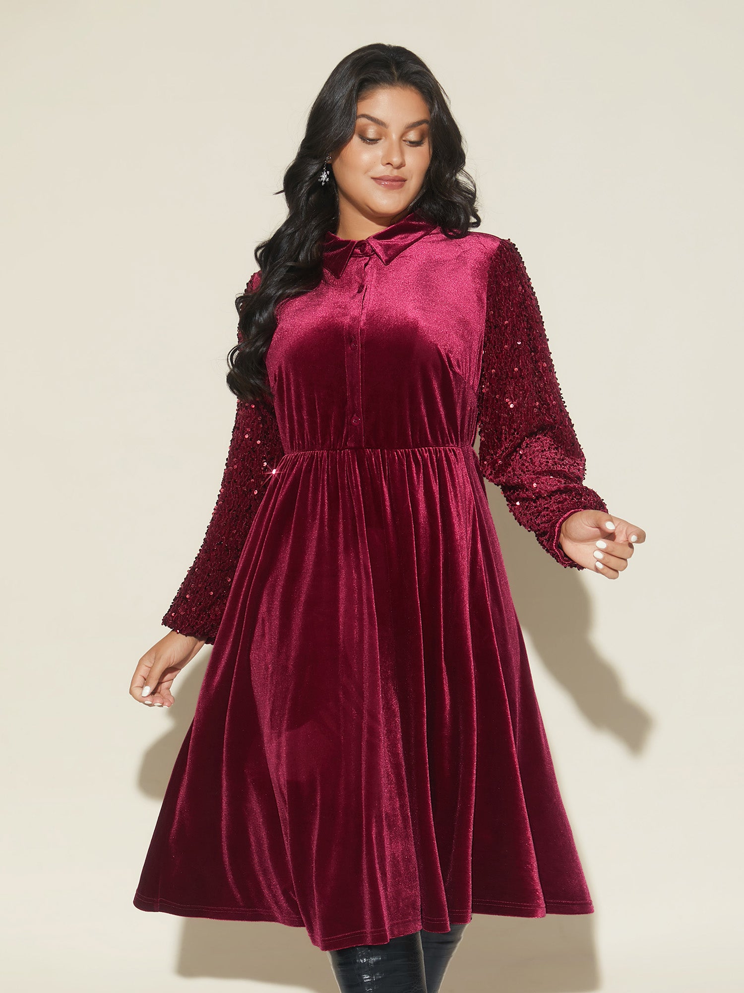 Shimmery Embellishments Shirt Collar Midi Dress