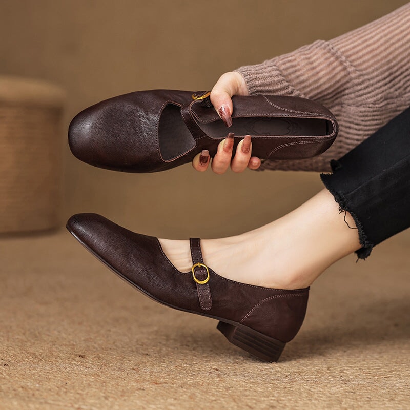 Women's Leather Strappy Mary Jane Low Block Heel in Burgundy/Black/Brown