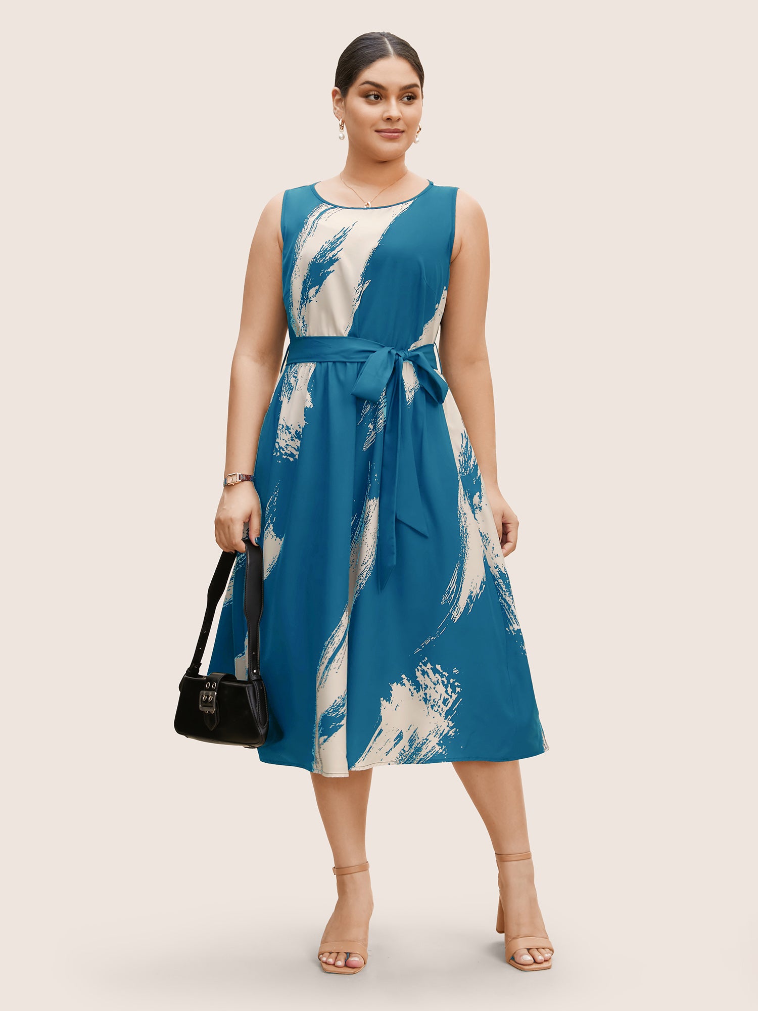 Marble Print Sleeveless Belted Midi Dress